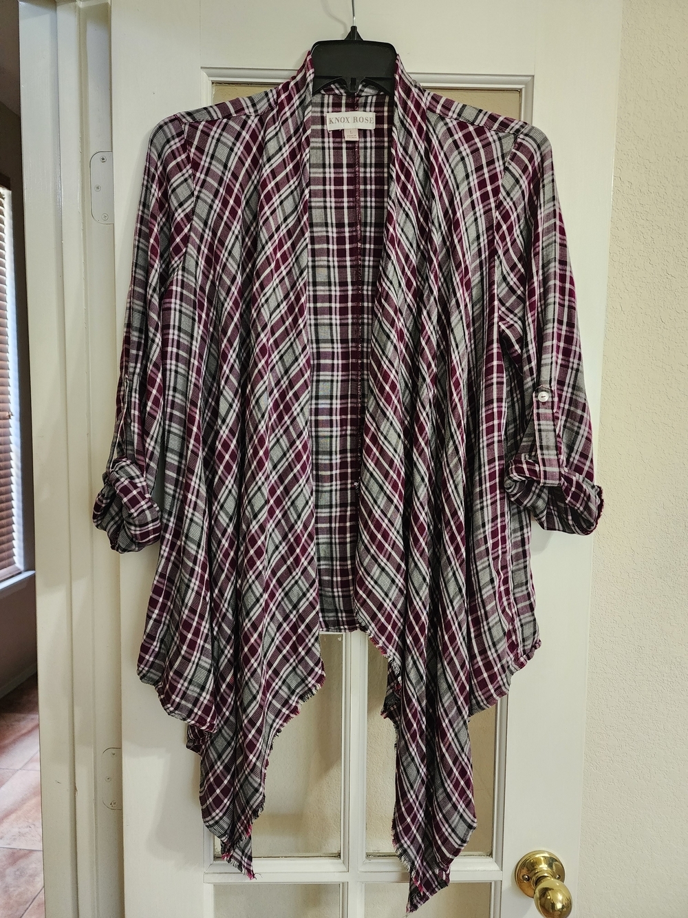Knox Rose Plaid Waterfall Cardigan Large Burgundy Rayon Open Front